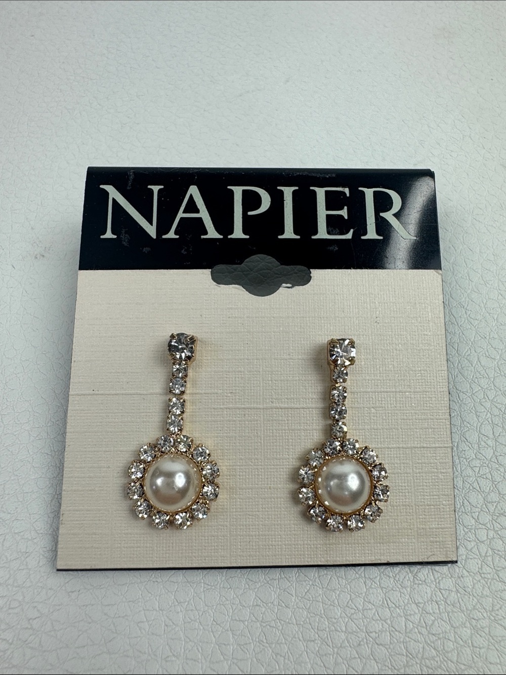 Napier Gold-Tone Pearl Drop Earrings with Crystal Halo New NWT